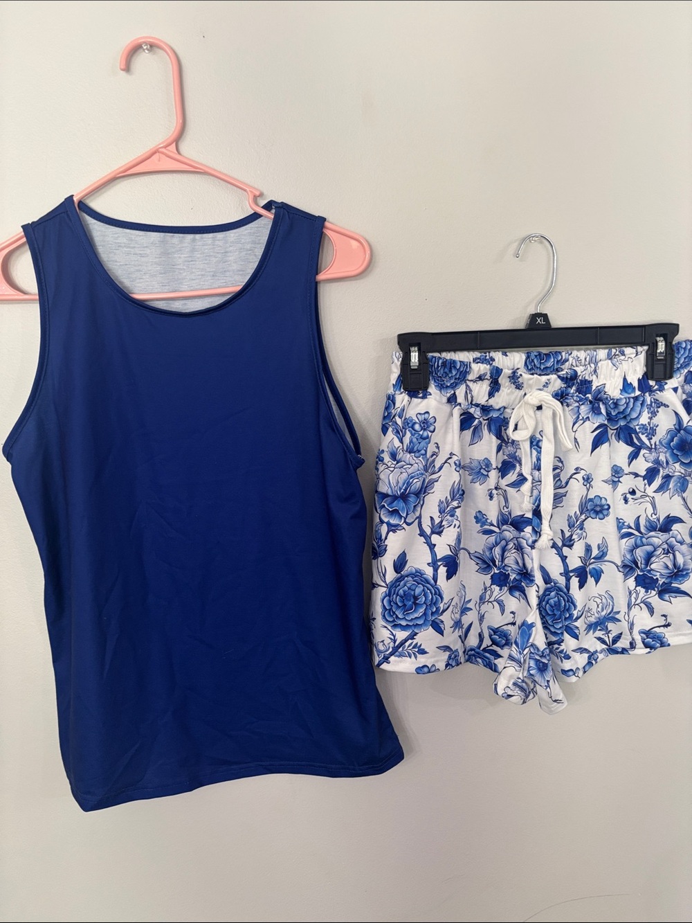 Source Unknown Blue Tank with White & Blue Floral High Waist Shorts